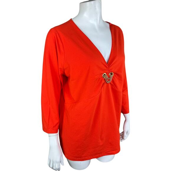 Jones New York Orange Womens 1X Stretch 3/4 Sleeve Blouse Chain Detail V-Neck - Picture 11 of 12